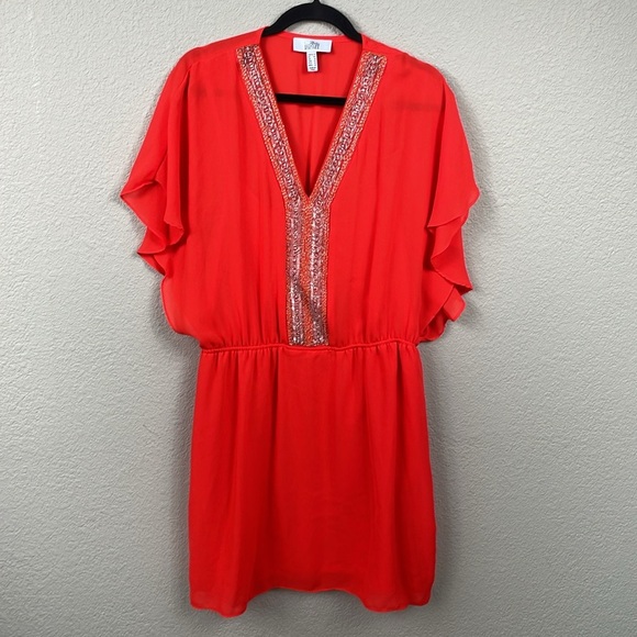 Belle Badgley Mischka Beaded V Neck Boho Chiffon Mini Dress Orange Red Sz 12 - Picture 3 of 13
